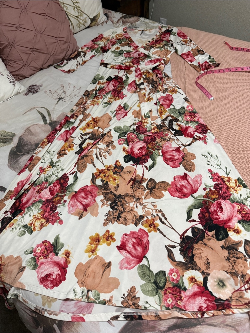 Floral Wrap Maxi Dress — White with Pink & Brown Floral Print